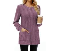 Tanmolo Damen Leichte Pullover Casual Rundhals Langarm Shirts mit Taschen Strickpullover Herbst Tunika Winter Oberteile Purpur, S