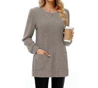 Tanmolo Damen Leichte Pullover Casual Rundhals Langarm Shirts mit Taschen Strickpullover Herbst Tunika Winter Oberteile Kaffee, M