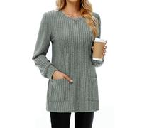 Tanmolo Damen Leichte Pullover Casual Rundhals Langarm Shirts mit Taschen Strickpullover Herbst Tunika Winter Oberteile Grün, M