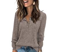 Tanmolo Damen Leichte Strickpullover Langarm Henley Shirt Herbst lässig Rundhals-Knöpfe Elegant Sweatshirt Tunika Tops Kaffee, M