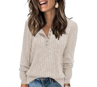 Tanmolo Damen Leichte Strickpullover Langarm Henley Shirt Herbst lässig Rundhals-Knöpfe Elegant Sweatshirt Tunika Tops Apricot, XXL