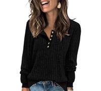 Tanmolo Damen Leichte Strickpullover Langarm Henley Shirt Herbst lässig Rundhals-Knöpfe Elegant Sweatshirt Tunika Tops Schwarz, S
