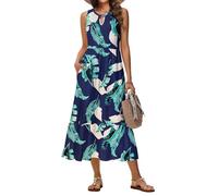 Tanmolo Damen Maxikleid Ärmellos Rundhals A-Linie mit Taschen, Blaue Bananenblätter, XXL