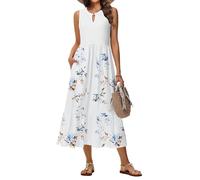 Tanmolo Damen Maxikleid Ärmellos Rundhals A-Linie mit Taschen, Weiße Tintenblüten, M