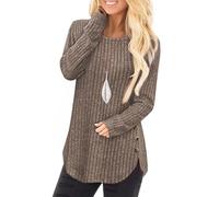 Tanmolo Damen Pullover Herbst Elegant Oberteile Langarm Strickpullover mit Knopfdetail und Kabelstruktur Leichter Arc-Saum Rundhals Pulli Kaffee, S
