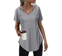 Tanmolo Damen Sommer Hoodie Sweatshirt mit Kapuze Kurzarm T Shirt V Ausschnitt Kapuzenpullover Kordelzug Tops Grau, XL