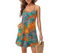 Tanmolo Damen Sommer Kleid Kurz Strandkleid Spaghettitrger Freizeitkleid, Spritzblätter, XS