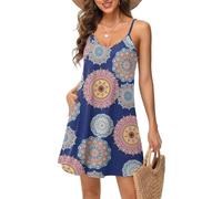 Tanmolo Damen Sommer Kleid Rmellos Kurz Strandkleid Spaghettitrger Knielangen Freizeitkleid 2XL Marine-Mandala
