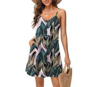 Tanmolo Damen Sommer Kleid Rmellos Kurz Strandkleid Spaghettitrger Knielangen Freizeitkleid L Palmblatt