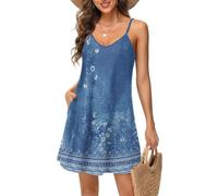 Tanmolo Damen Sommer Kleid Rmellos Kurz Strandkleid Spaghettitrger Knielangen Freizeitkleid S Blaue Blume