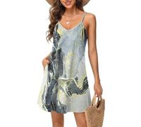 Tanmolo Damen Sommer Kleid Rmellos Kurz Strandkleid Spaghettitrger Knielangen Freizeitkleid S Schwarz Grau Golden