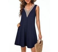 Tanmolo Damen Sommerkleid Kurz Freizeitkleid Spitze V-Ausschnitt Knielang Ärmellos Swing Kleid L Blau