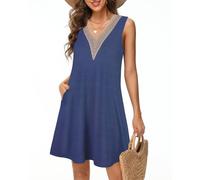 Tanmolo Damen Sommerkleid Kurz Freizeitkleid Spitze V-Ausschnitt Knielang Ärmellos Swing Kleid M Haze Blau