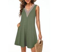 Tanmolo Damen Sommerkleid Kurz Freizeitkleid Spitze V-Ausschnitt Knielang Ärmellos Swing Kleid S Bohne Grün