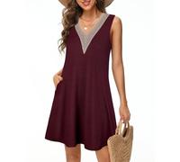 Tanmolo Damen Sommerkleid Kurz Freizeitkleid Spitze V-Ausschnitt Knielang Ärmellos Swing Kleid XL Weinrot