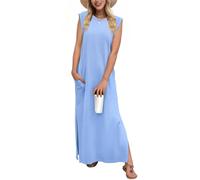 Tanmolo Damen Sommerkleid Rundhals Freizeit Lang Maxikleid Taschen Tunika Strand Kleid Lockerer Seitenschlitzen XL Hellblau