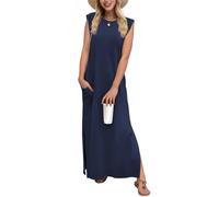 Tanmolo Damen Sommerkleid Rundhals Freizeit Lang Maxikleid Taschen Tunika Strand Kleid Lockerer Seitenschlitzen L Marineblau