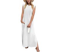 Tanmolo Damen Sommerkleid Rundhals Freizeit Lang Maxikleid Taschen Tunika Strand Kleid Lockerer Seitenschlitzen XL Weiß