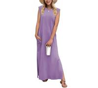 Tanmolo Damen Sommerkleid Rundhals Freizeit Lang Maxikleid Taschen Tunika Strand Kleid Lockerer Seitenschlitzen S Taro Violett