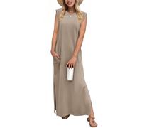 Tanmolo Damen Sommerkleid Rundhals Freizeit Lang Maxikleid Taschen Tunika Strand Kleid Lockerer Seitenschlitzen XL Grau Khaki