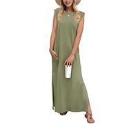 Tanmolo Damen Sommerkleid Rundhals Freizeit Lang Maxikleid Taschen Tunika Strand Kleid Lockerer Seitenschlitzen S Hellolivgrün