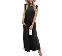 Tanmolo Damen Sommerkleid Rundhals Freizeit Lang Maxikleid Taschen Tunika Strand Kleid Lockerer Seitenschlitzen XL Schwarz