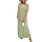 Tanmolo Damen Sommerkleid Rundhals Freizeit Lang Maxikleid Taschen Tunika Strand Kleid Lockerer Seitenschlitzen S Fruchtgrün