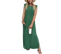 Tanmolo Damen Sommerkleid Rundhals Freizeit Lang Maxikleid Taschen Tunika Strand Kleid Lockerer Seitenschlitzen XXL Dunkelgrün