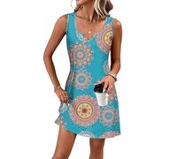 Tanmolo Damen Sommerkleider Leicht und Luftig kurz Strandkleider im Swing-Stil mit Blumenmuster Ärmelloses (Blaues Totem XL)