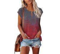 Tanmolo Damen T-Shirt Oberteile Top Sommer mit Flügelärmeln & Metallring-V-Ausschnitt Elegant Casual Shirt Bluse für Freizeit und Alltag Grau-Rot-Verschmelzung, XXL