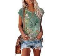 Tanmolo Damen T-Shirt Oberteile Top Sommer mit Flügelärmeln & Metallring-V-Ausschnitt Elegant Casual Shirt Bluse für Freizeit und Alltag Grün-Blumen, L