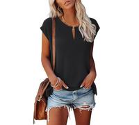 Tanmolo Damen T-Shirt Oberteile Top Sommer mit Flügelärmeln & Metallring-V-Ausschnitt Elegant Casual Shirt Bluse für Freizeit und Alltag Schwarz, M