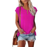 Tanmolo Damen T-Shirt Oberteile Top Sommer mit Flügelärmeln & Metallring-V-Ausschnitt Elegant Casual Shirt Bluse für Freizeit und Alltag Rosenrot, L