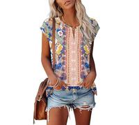 Tanmolo Damen T-Shirt Oberteile Top Sommer mit Flügelärmeln & Metallring-V-Ausschnitt Elegant Casual Shirt Bluse für Freizeit und Alltag Rosa-Boho, XXL