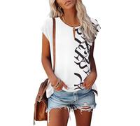 Tanmolo Damen T-Shirt Oberteile Top Sommer mit Flügelärmeln & Metallring-V-Ausschnitt Elegant Casual Shirt Bluse für Freizeit und Alltag Schwarzweißes Schriftgeheimnis, M
