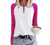 Tanmolo Damen T-Shirt V-Ausschnitt Tops Basic Langarmshirt Lässig Bluse Elegant Langarm Oberteile mit Kontrastärmeln Herbst Bekleidung Rosarot, L