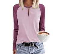 Tanmolo Damen T-Shirt V-Ausschnitt Tops Basic Langarmshirt Lässig Bluse Elegant Langarm Oberteile mit Kontrastärmeln Herbst Bekleidung Lila, S