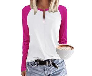 Tanmolo Damen T-Shirt V-Ausschnitt Tops Basic Langarmshirt Lässig Bluse Elegant Langarm Oberteile mit Kontrastärmeln Herbst Bekleidung Rosarot, L