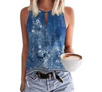 Tanmolo Damen Tank Top Ärmellos Oberteile Sommer Tanktops V-Ausschnitt Blusentop Strand Sexy Vest Top Bluse Blau-Weiße Blumen, XXL