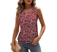Tanmolo Damen Tank Top Ärmellos Tanktops Sommer Oberteile V-Ausschnitt Blusentop Sexy Vest Top Schlüsselloch Bluse Rot-Kleine Blumen, XL