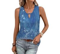 Tanmolo Damen Tank Top Ärmellos Tanktops Sommer T Shirt Basic Oberteile Blusentop Lässige Top Plissierte Bluse Blau-Weiße Blumen, M