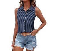 Tanmolo Damen Tank Top Sommer T Shirt Ärmellos Baumwolle Tanktops V-Ausschnitt Shirts Basic Oberteile Lässige Top Navy Blau gestreift, XXL