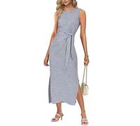 Tanmolo Kleid Damen Sommer Figurbetontes Midi Sommerkleid mit Gürtel und Schlitz Atmungsaktiv Elegant Freizeitkleid (Dunkelblaue Streifen L)