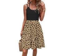 Tanmolo Kleid Damen Sommer Spagettiträgern Kleid Knielang Freizeitkleider Mit Taschen Swing Strandkleid (Schwarz-Leopard M)
