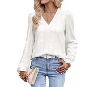 Tanmolo Langarmshirt Damen Bluse Elegant Langarm Pullover V-Ausschnitt Tunika Lässige Oberteile Puffärmel Blusenshirt Basic Tops Weiß, M
