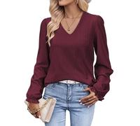 Tanmolo Langarmshirt Damen Bluse Elegant Langarm Pullover V-Ausschnitt Tunika Lässige Oberteile Puffärmel Blusenshirt Basic Tops Kastanienbraun, S