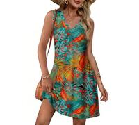 Tanmolo Leichtes Damen Kleid aus Jacquard-Stoff - Ärmellos, locker geschnittenes A-Linien-Sommerkleid Rundsaum Alltag, Urlaub, Strand Freizeit, luftig bequem XL Splash Leaves
