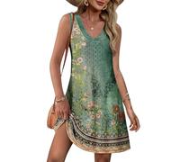 Tanmolo Leichtes Damen Sommerkleid Ärmellos V-Ausschnitt Locker geschnittenes A-Linien Kleid Alltag Urlaub Strand Freizeit luftig XL Grün mit Blumenmuster