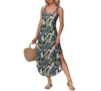 Tanmolo Luftiges Damen Maxikleid tiefem V-Ausschnitt, Ring-Trägern Seitenschlitz - Leichtes, bequemes Sommerkleid im Casual-Stil für Alltag, Strand, Urlaub Freizeit S Palm Leaf