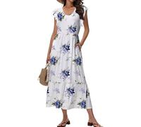 Tanmolo Maxikleid Damen Sommerkleid Lang Strandkleid Mit V-Ausschnitt Im Swing-Stil Mit Blumenmuster Mit Taschen (Pastelllila Rosen S)